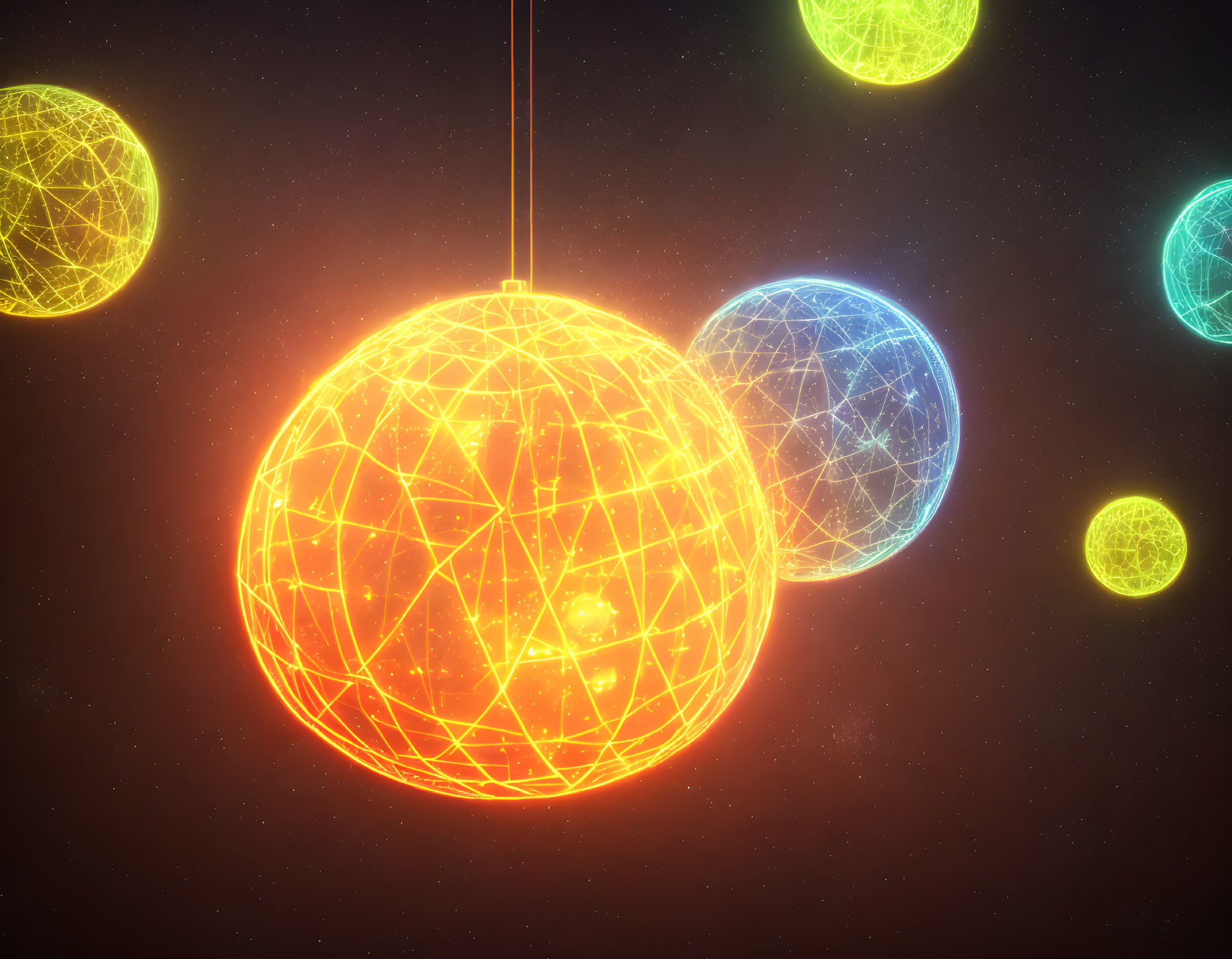 Glowing neon wireframe spheres on dark starry background