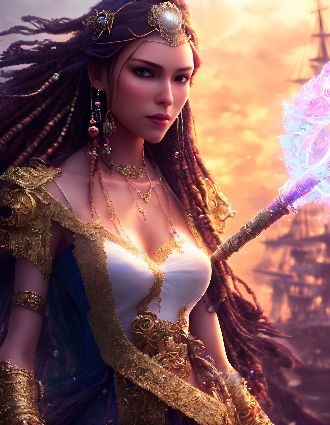 Fantasy character with braids and staff against sunset sky