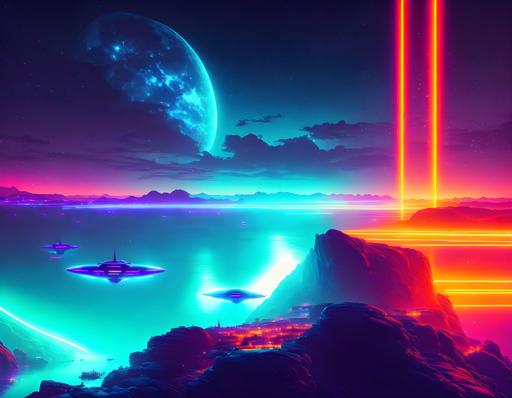 Sci-fi landscape with neon lights, flying saucers, crescent moon, red beams