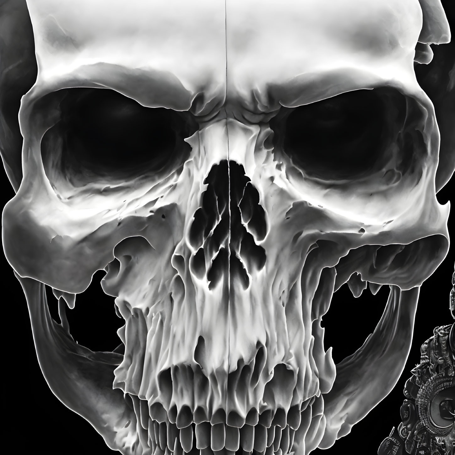 Detailed monochrome human skull illustration with ominous shadows and contrast