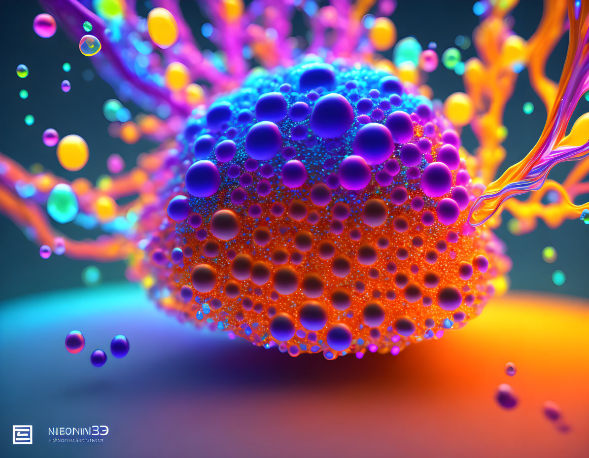 Colorful liquid tendrils on spherical structure in 3D render