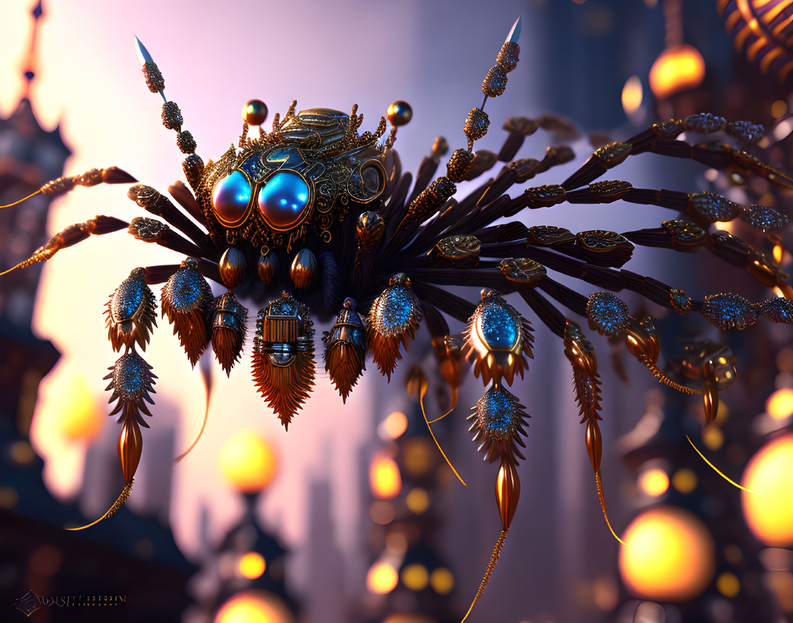 Detailed Mechanical Spider with Glowing Blue and Gold Designs