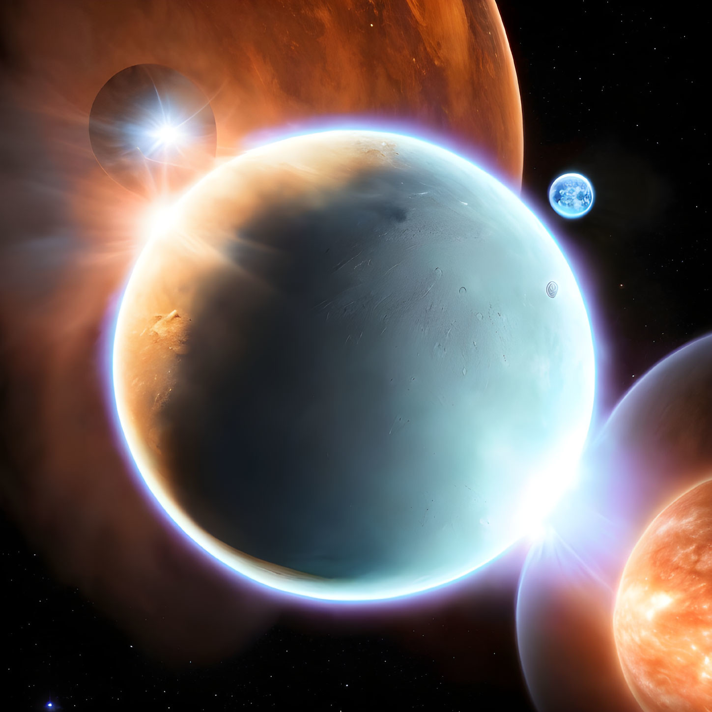 Vibrant space scene with large planet, moon, dual sun system, and lens flare effects