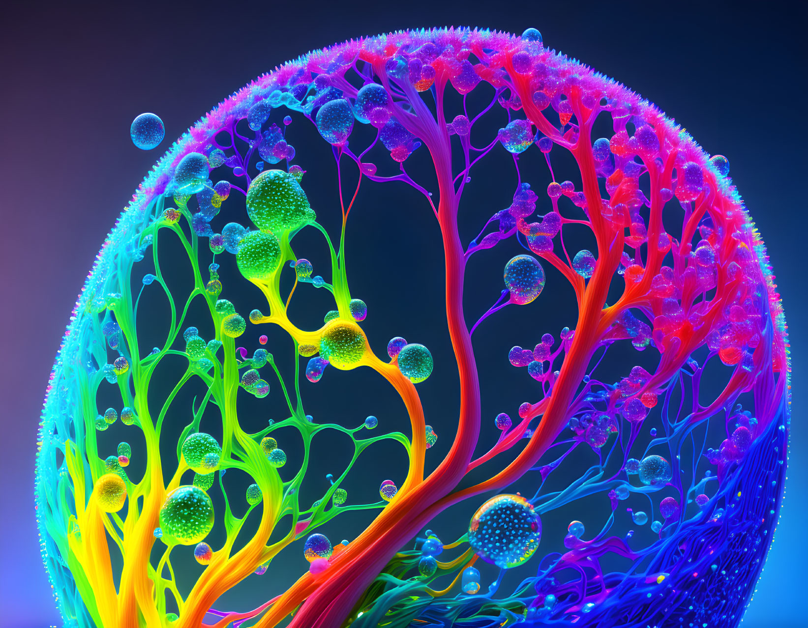 Vibrant digital artwork of neon tree structure with spherical shapes