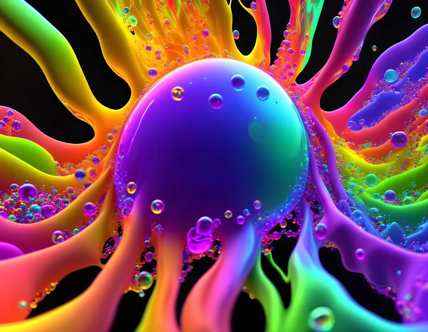 Colorful liquid splash resembling psychedelic jellyfish on black background