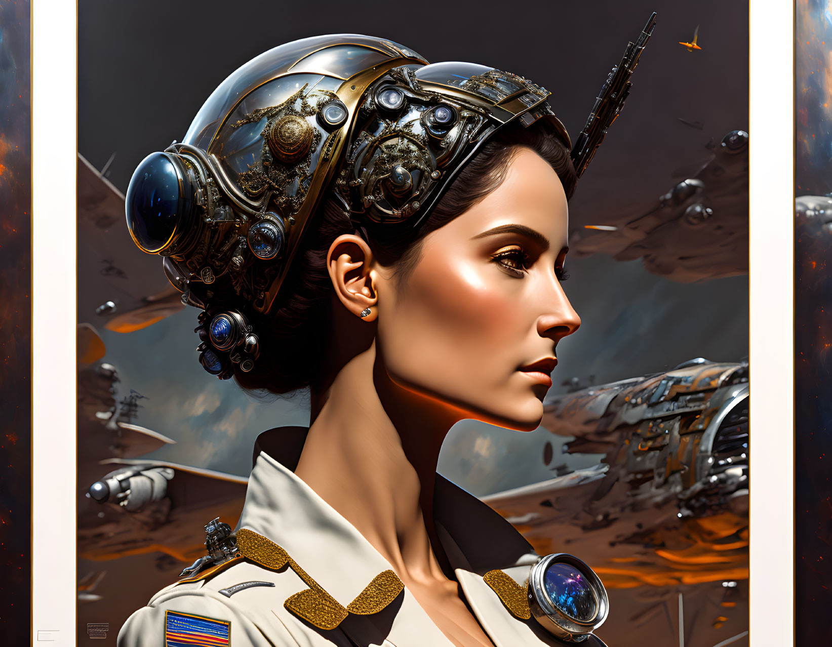 Futuristic portrait with mechanical helmet and spacecraft backdrop