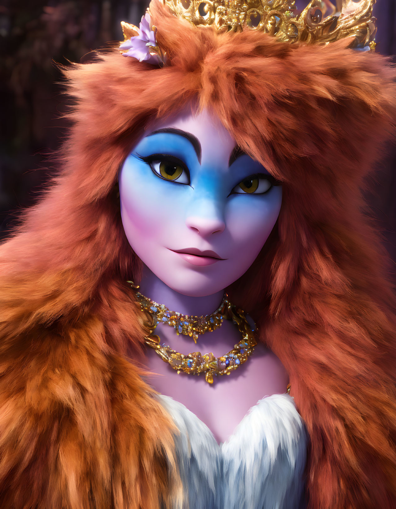 Regal lioness with crown, blue eyes, golden necklace, and fur shawl