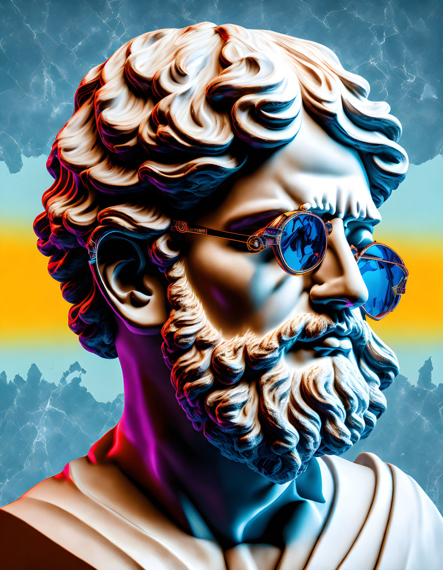 Classical statue with modern twist: Bearded figure in blue-tinted sunglasses on blue and orange