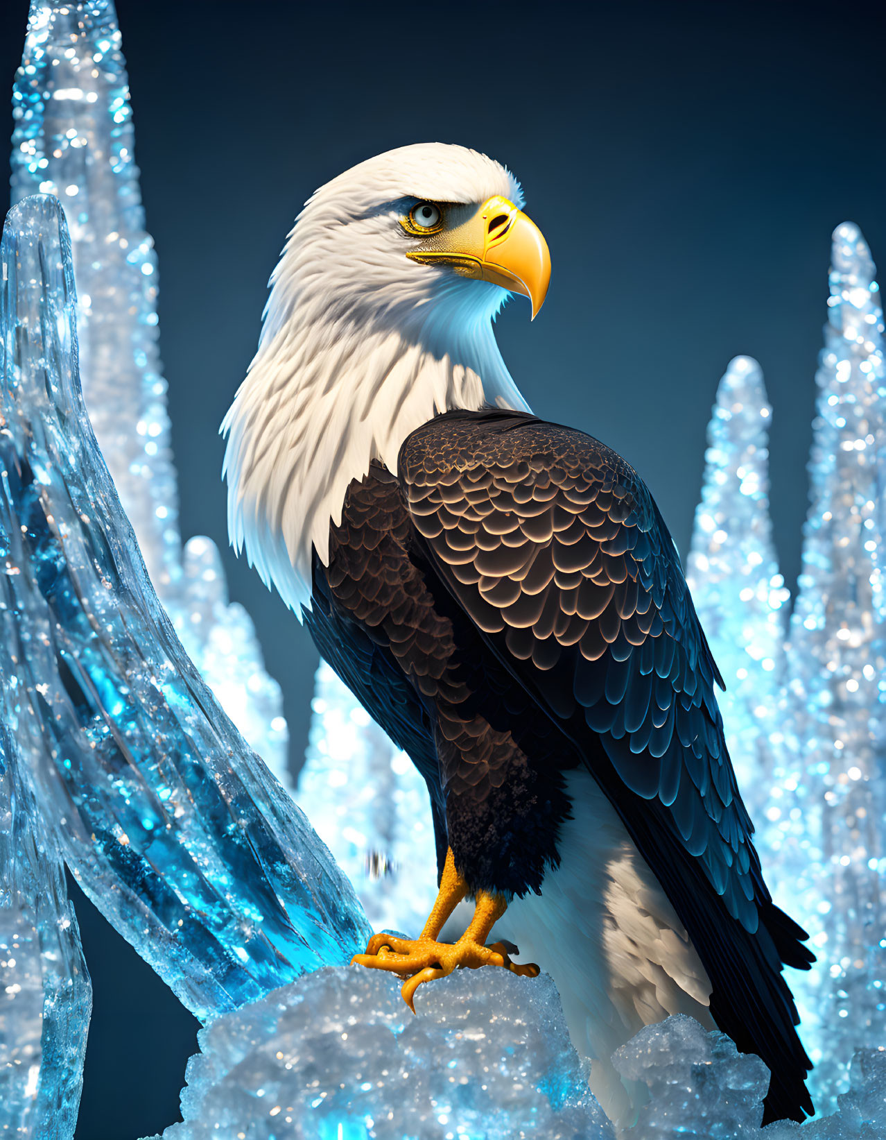 Bald eagle standing among crystal-like formations