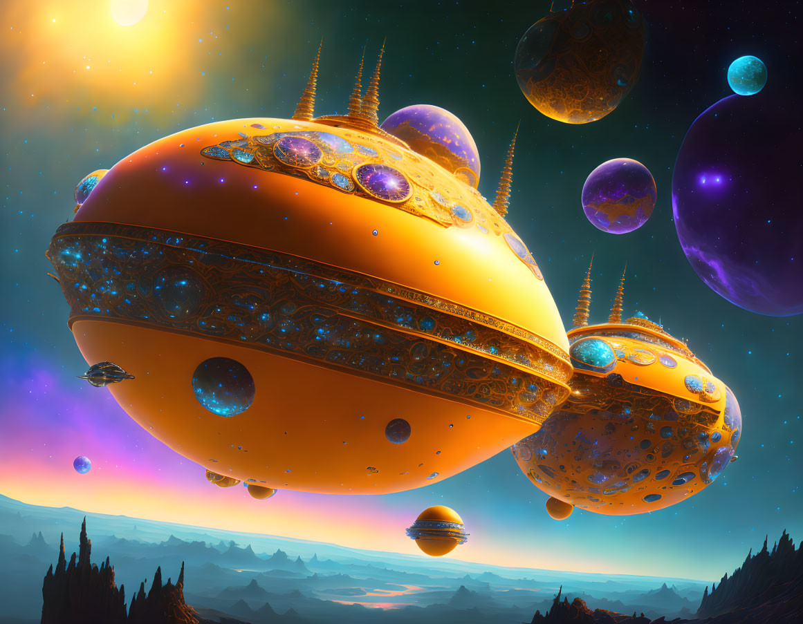 Colorful sci-fi landscape with floating alien planets, stars, nebula, and alien terrain.