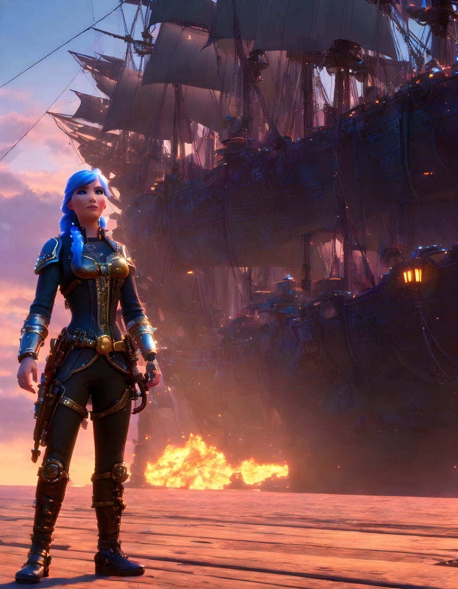 Female pirate with blue hair on ship deck at sunset with ghostly fleet and explosion.