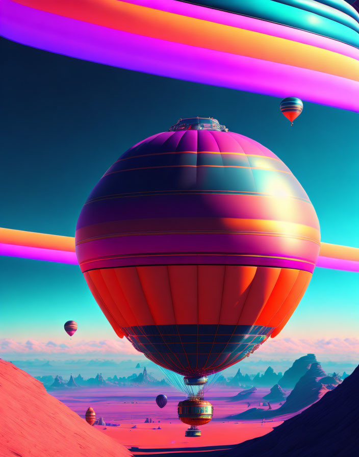 Vibrant Striped Hot Air Balloons in Surreal Desert Landscape