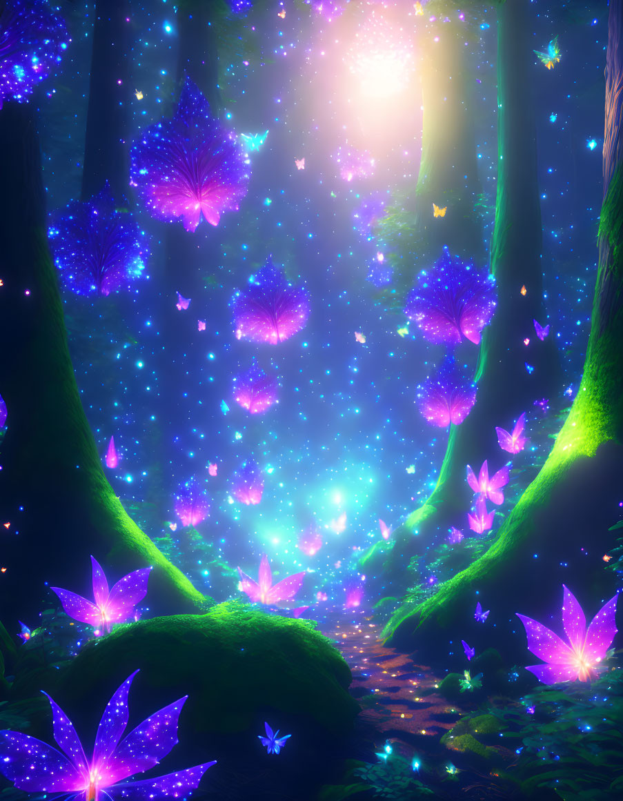 Enchanted forest glade with glowing butterfly-shaped leaves