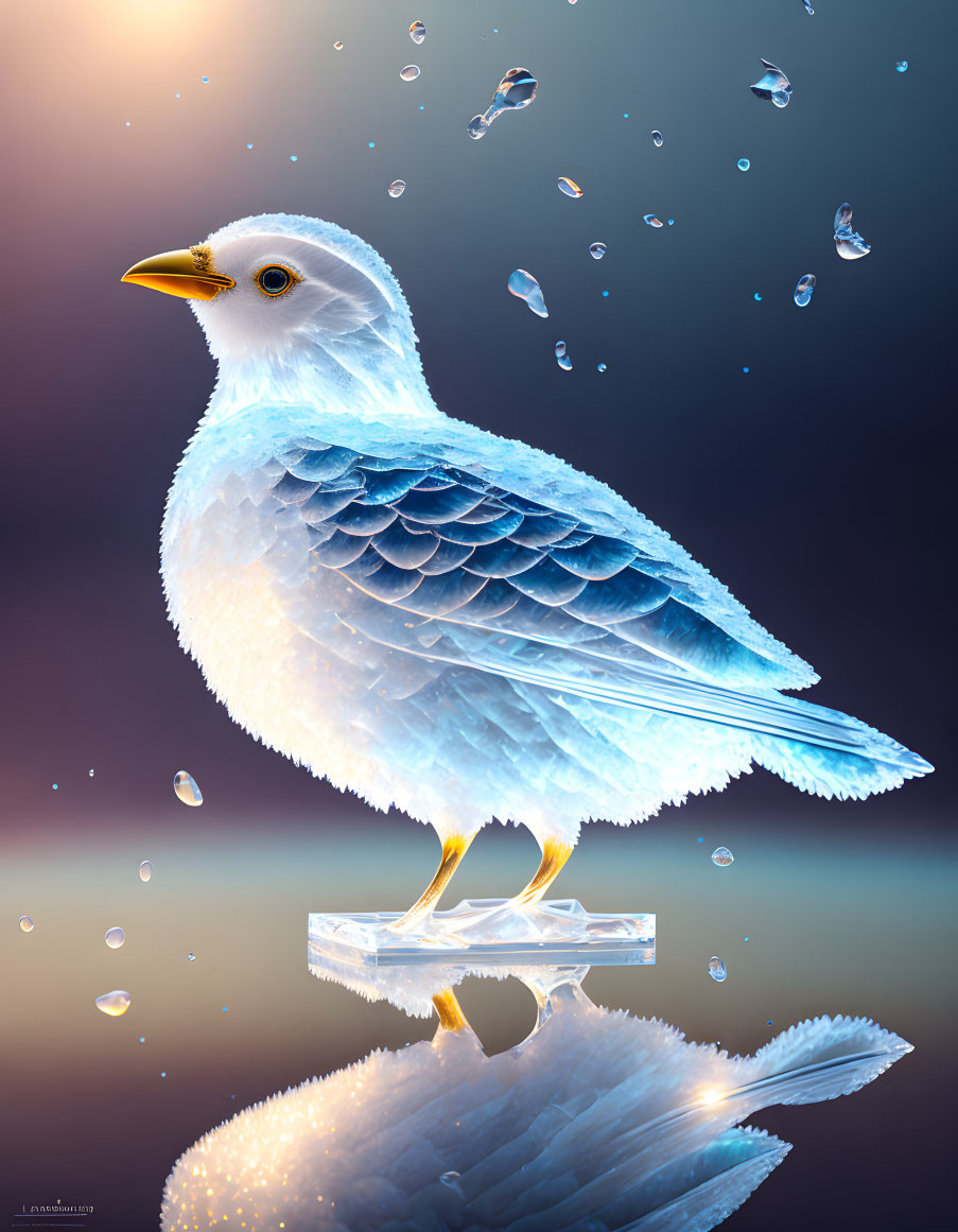 Blue bird on ice crystal with icy textures and water droplets against gradient background