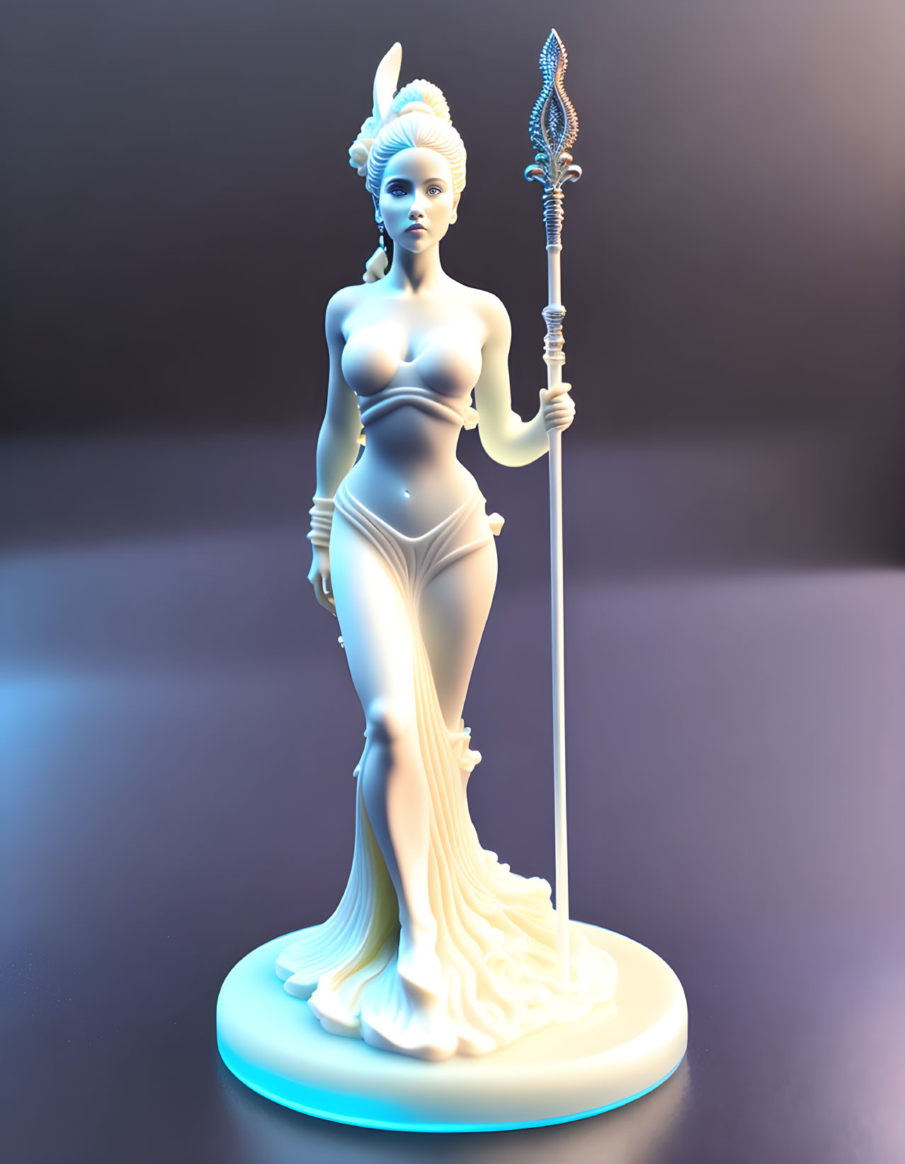 Fantasy woman statue with staff, dress, and headpiece in 3D render