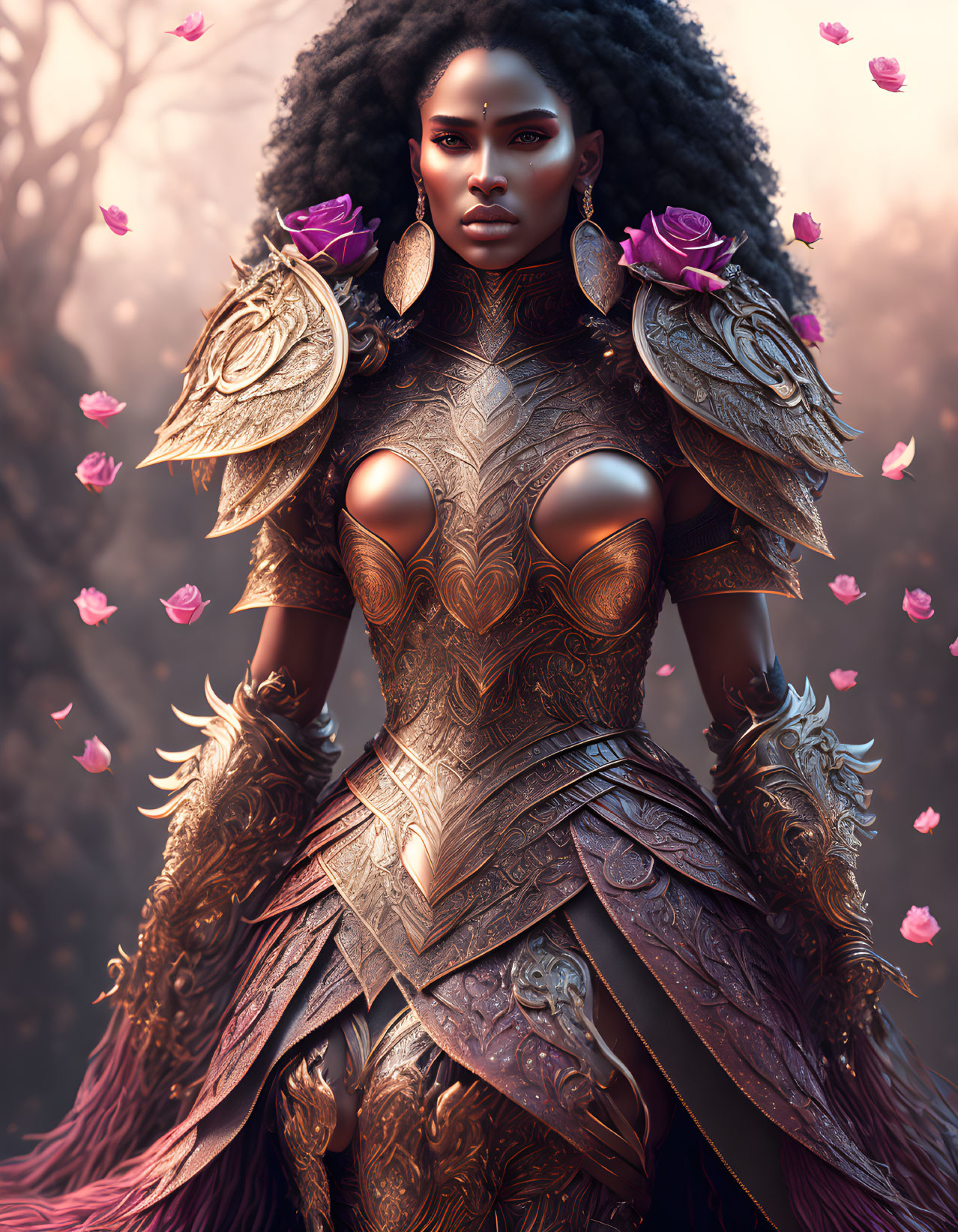 Imposing woman in ornate brown armor with petal adornments and regal demeanor.