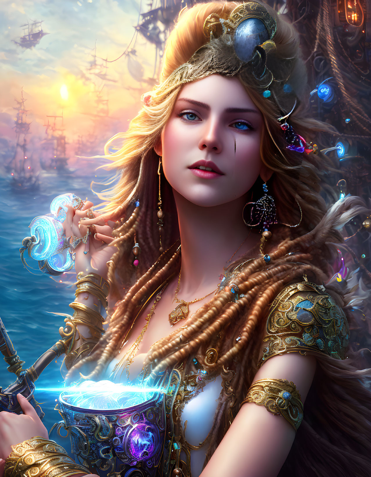 Fantasy illustration of a woman with ornate jewelry and armor holding a glowing magical object by mystical ships