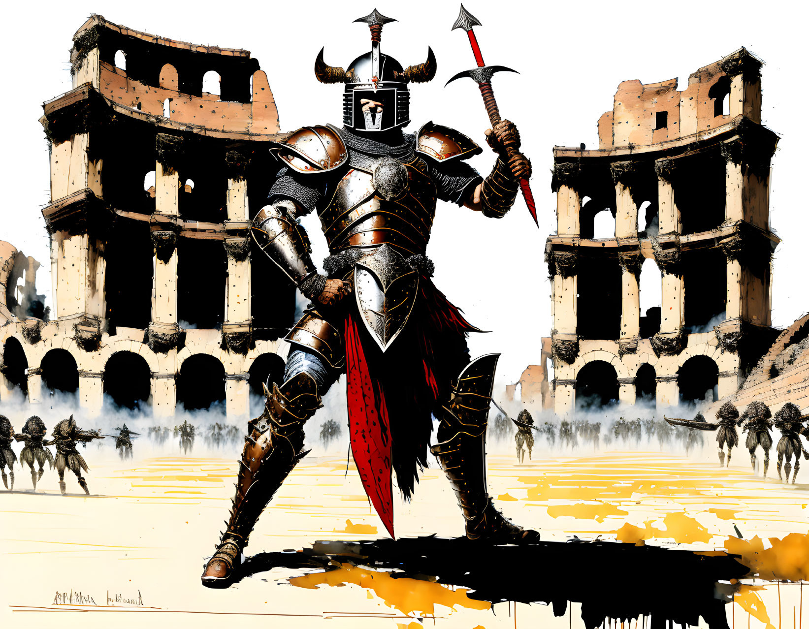 Knight in armor with axe & Colosseum backdrop.