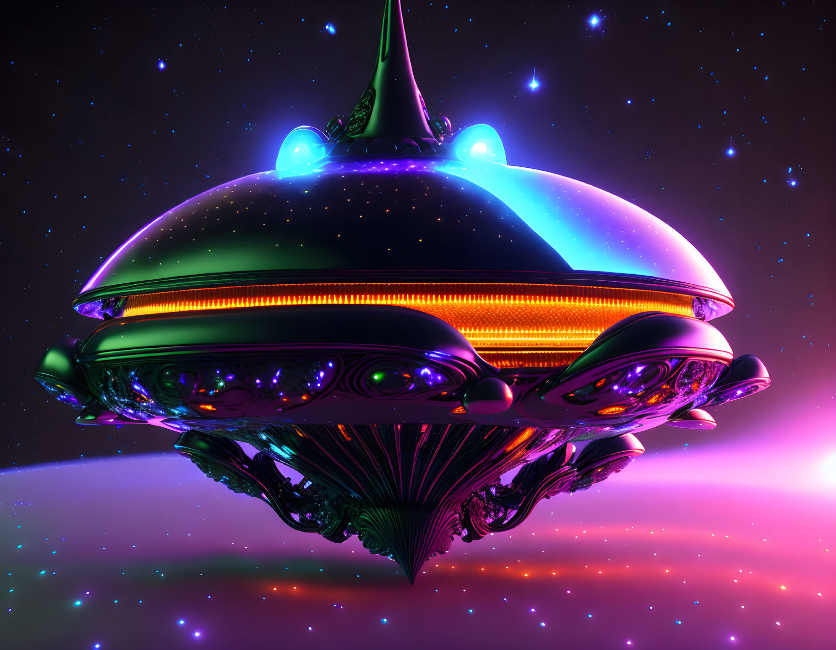 Futuristic spaceship with neon lights in starry cosmos