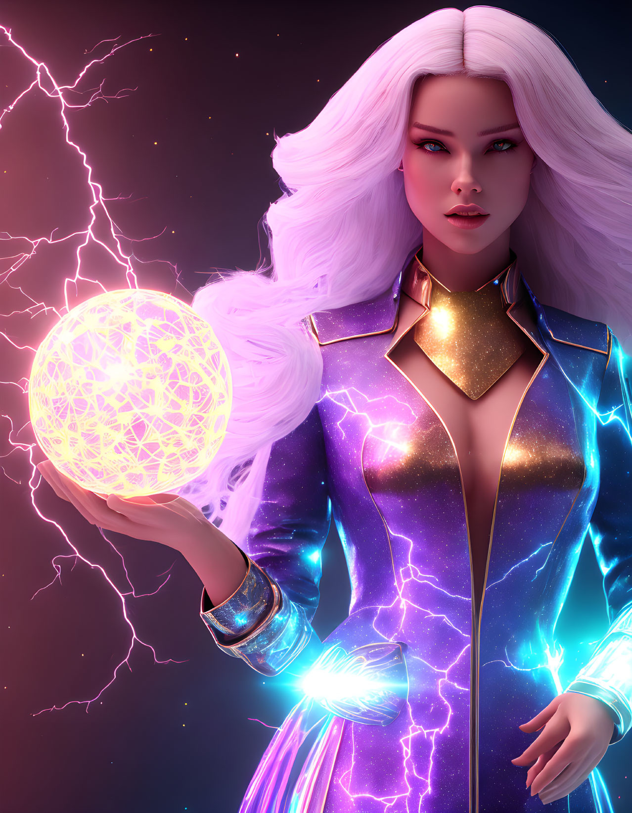 White-Haired Woman Holding Glowing Orb in Futuristic Suit