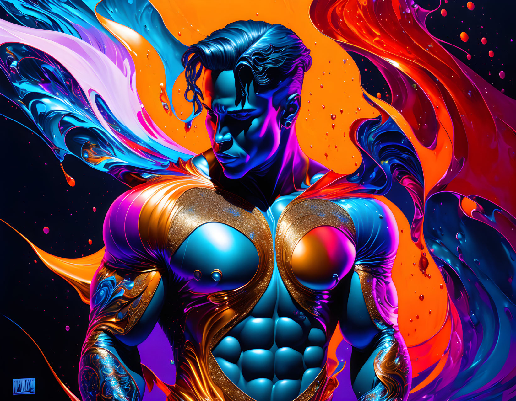 Muscular male superhero with blue skin in gold armor, set against dynamic orange and purple swirls