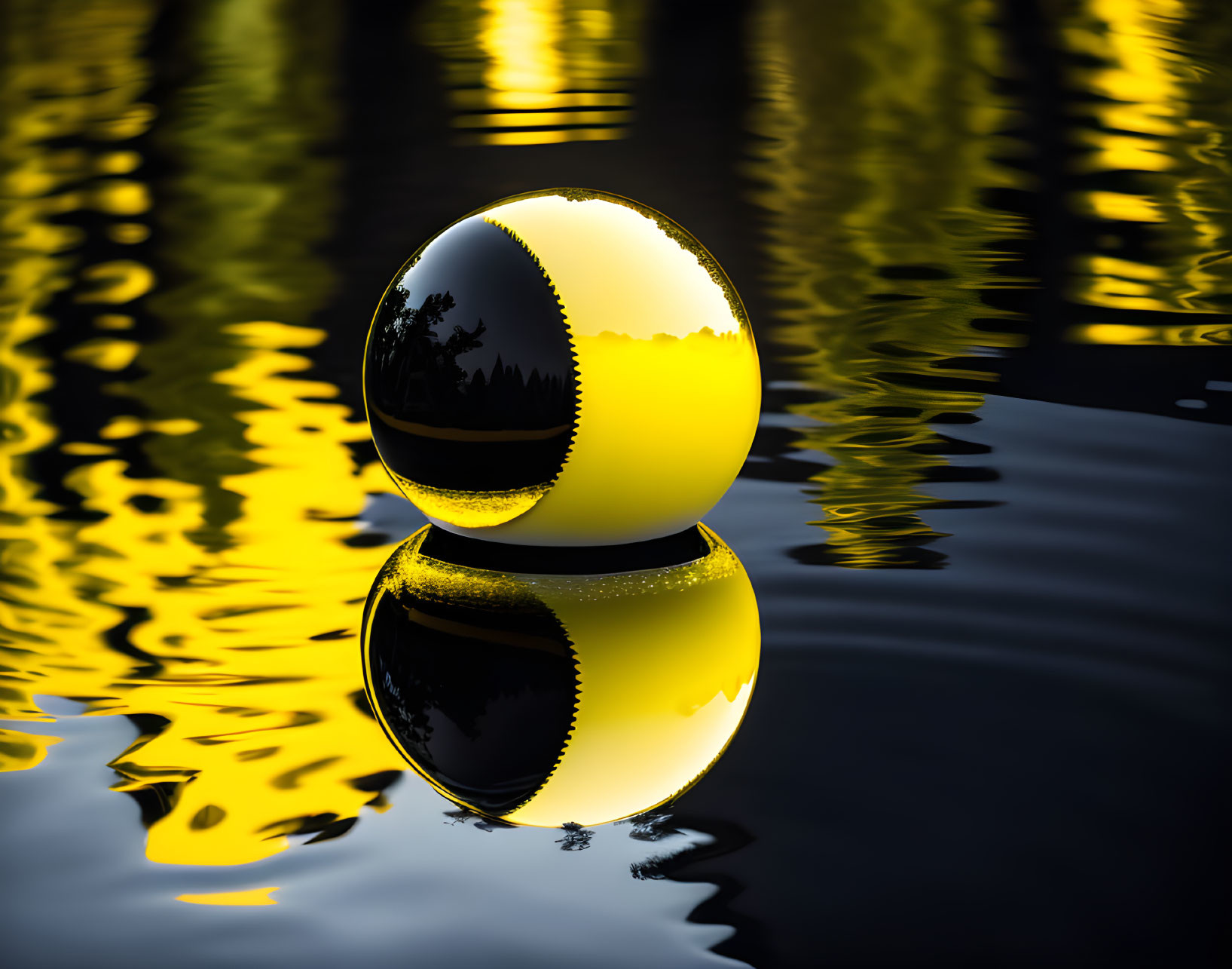 Glossy Sphere Reflects Sunset Scene on Rippling Water