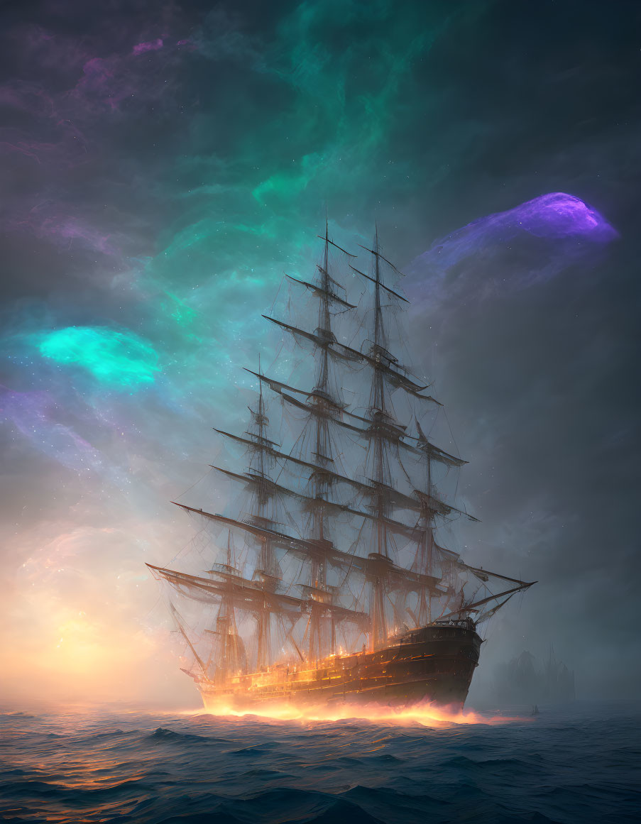 Tall Ship Sailing at Dusk with Vivid Auroras