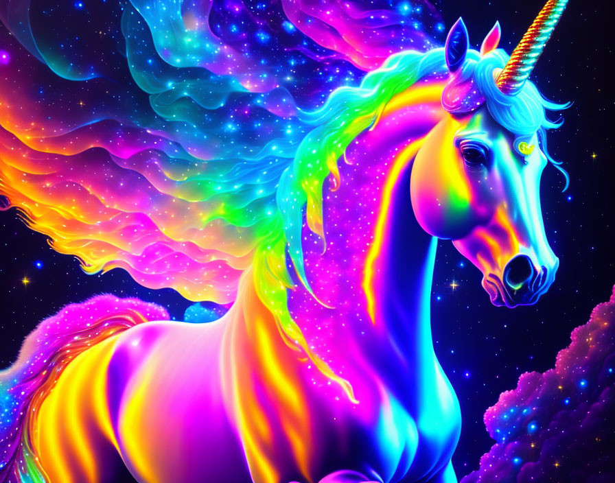 Colorful Unicorn Digital Illustration with Neon Mane on Cosmic Background