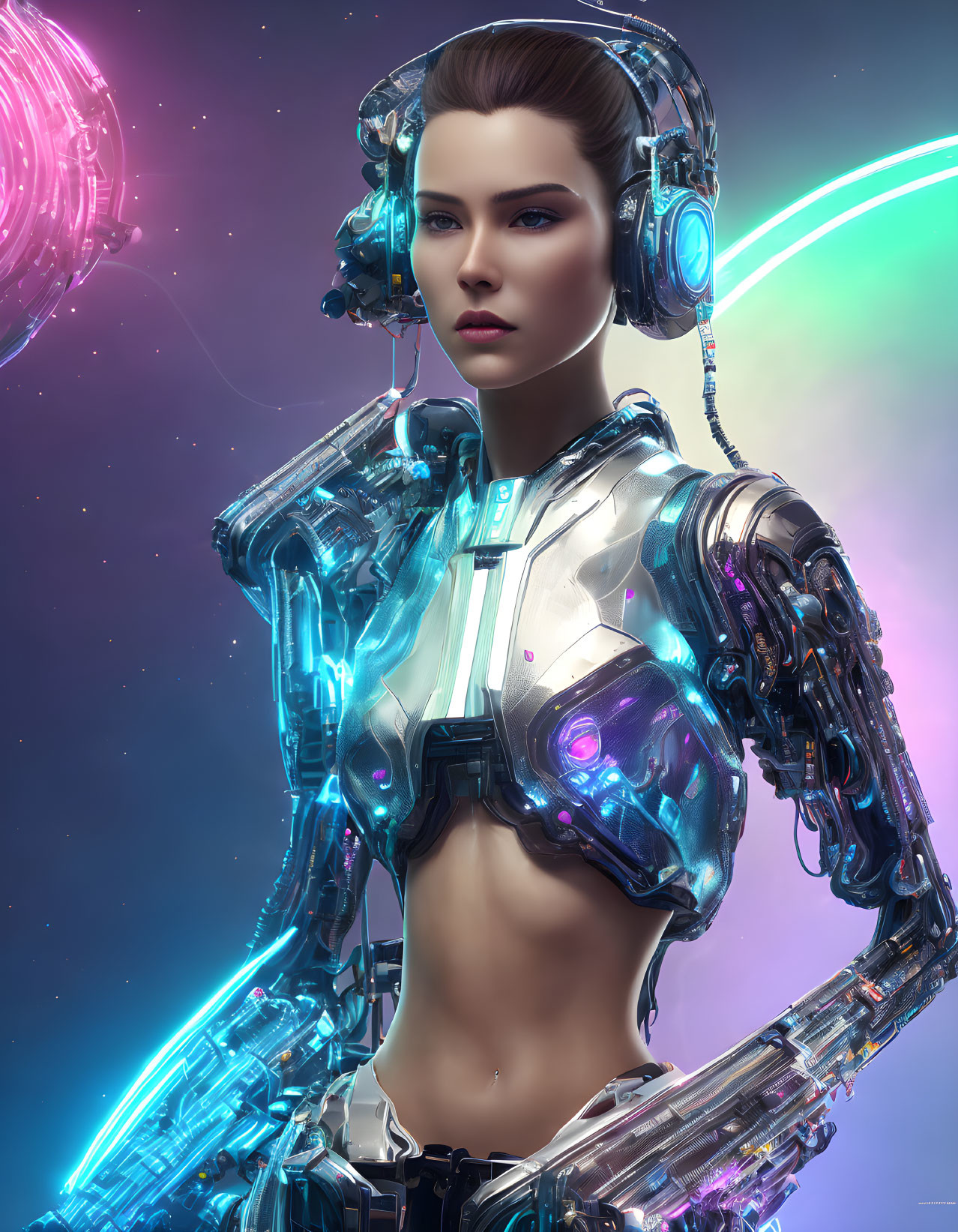 Detailed Futuristic Female Android with Mechanical Body and Neon Lighting