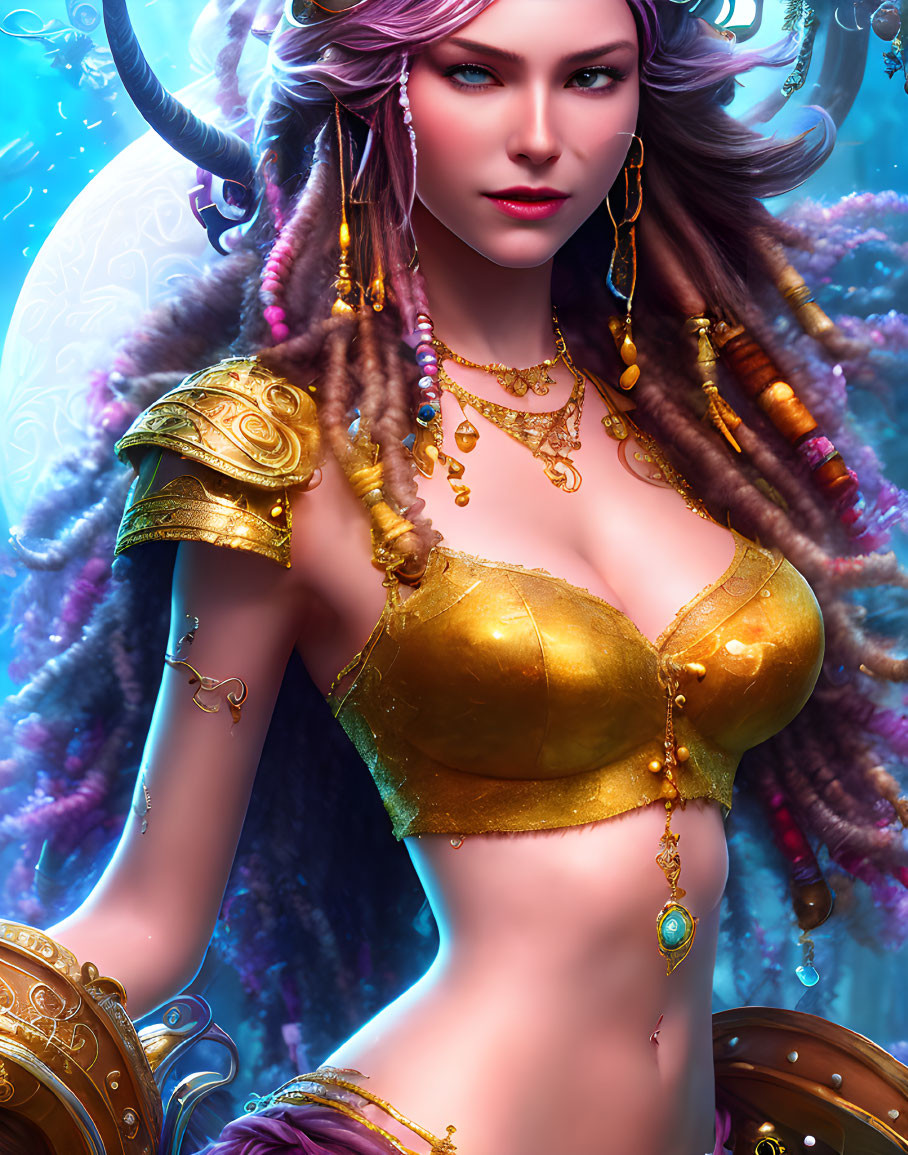 Fantasy female character with blue skin and ornate armor in magical setting