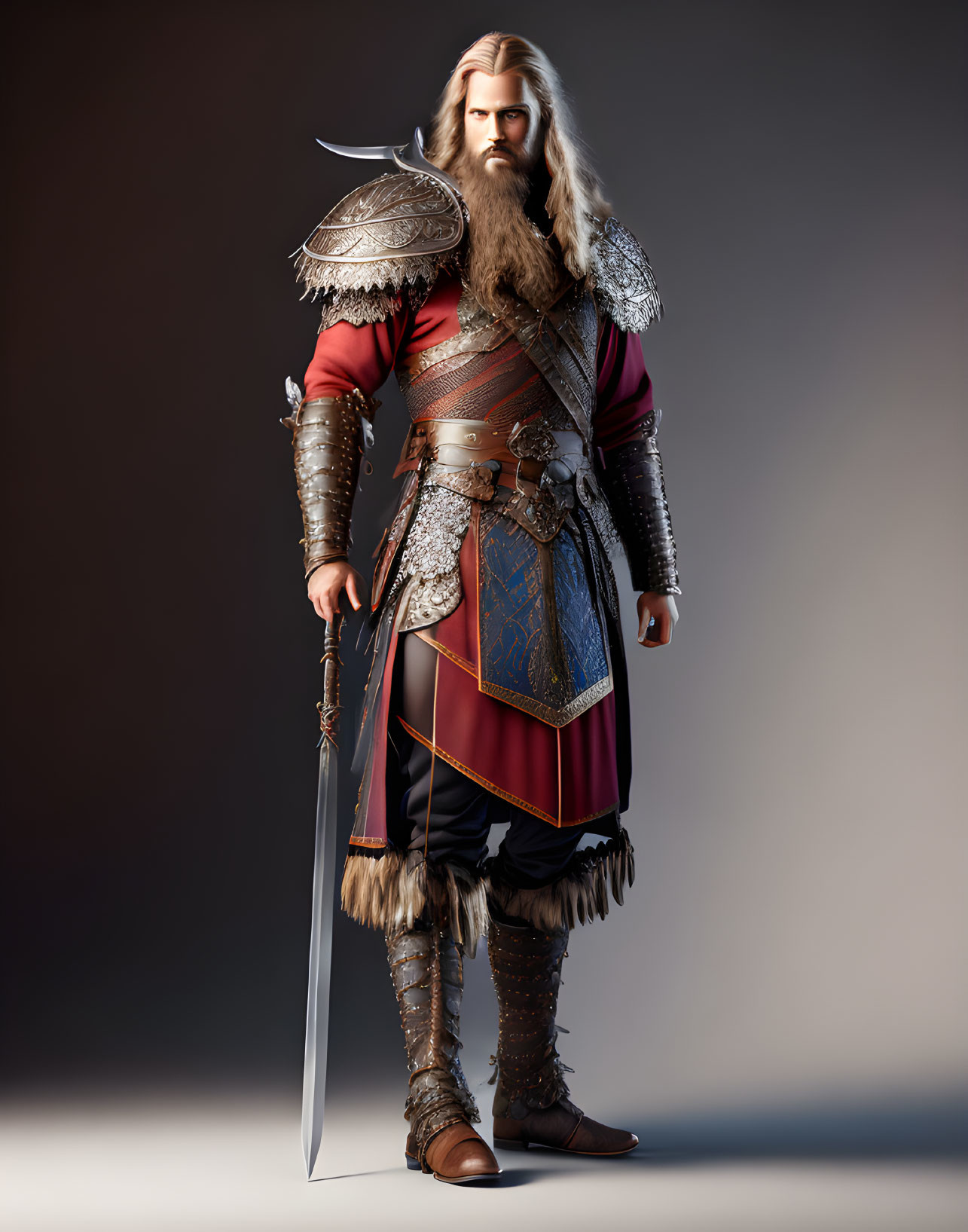 3D-rendered warrior in medieval armor with fur accents and sword