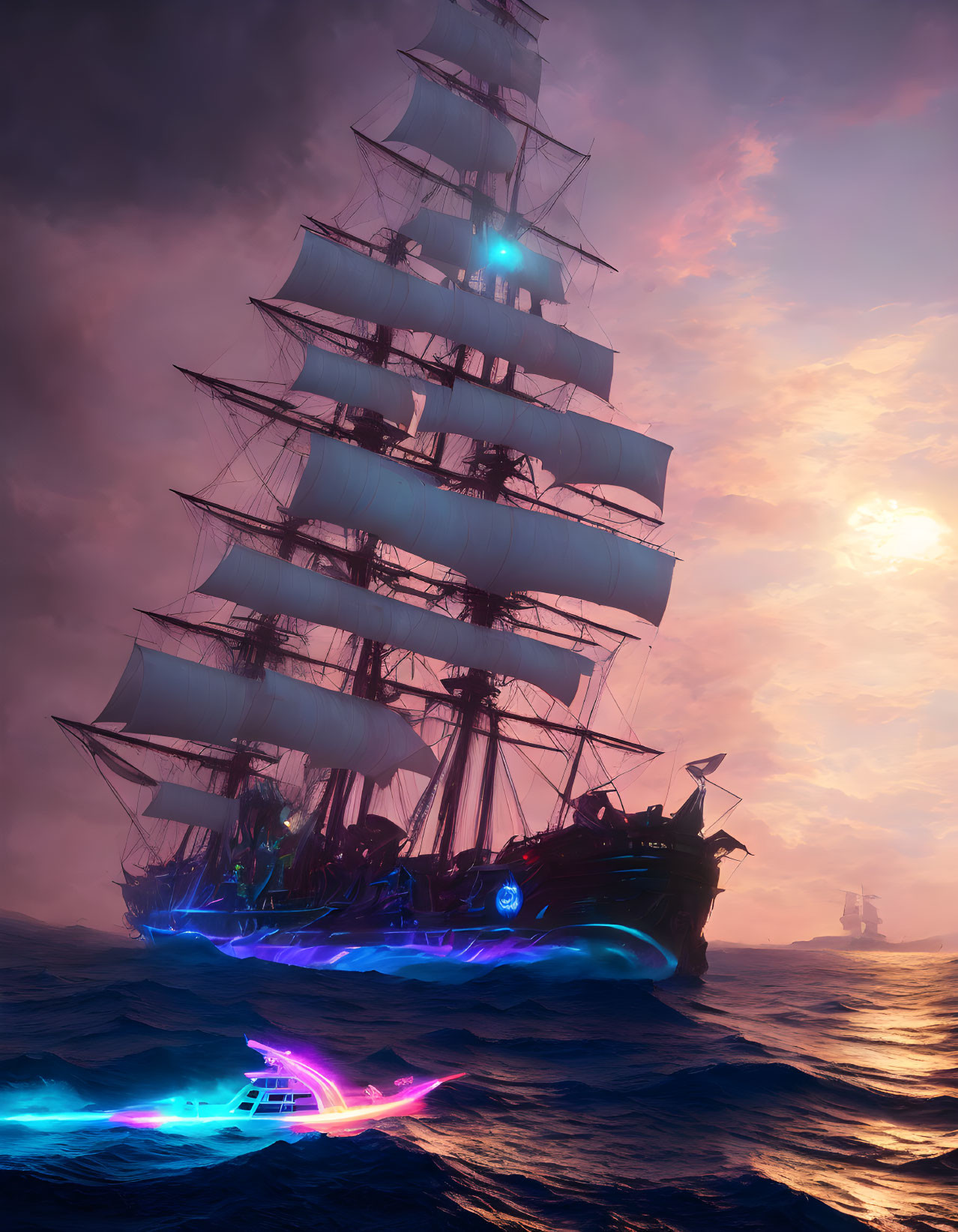 Tall ship with glowing blue accents sails on twilight sea