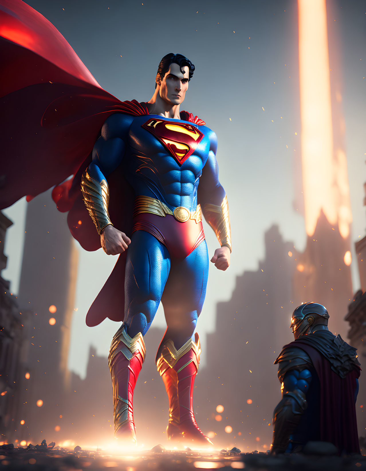 Superman 3D-rendered image with red cape and city backdrop