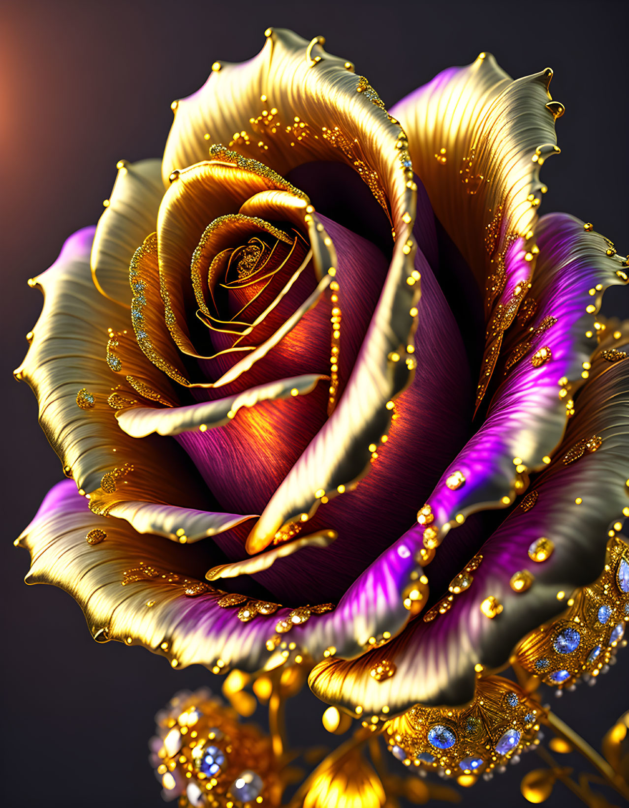 Digital image of rose with gold-trimmed petals in purple to gold gradient with jewel accents.