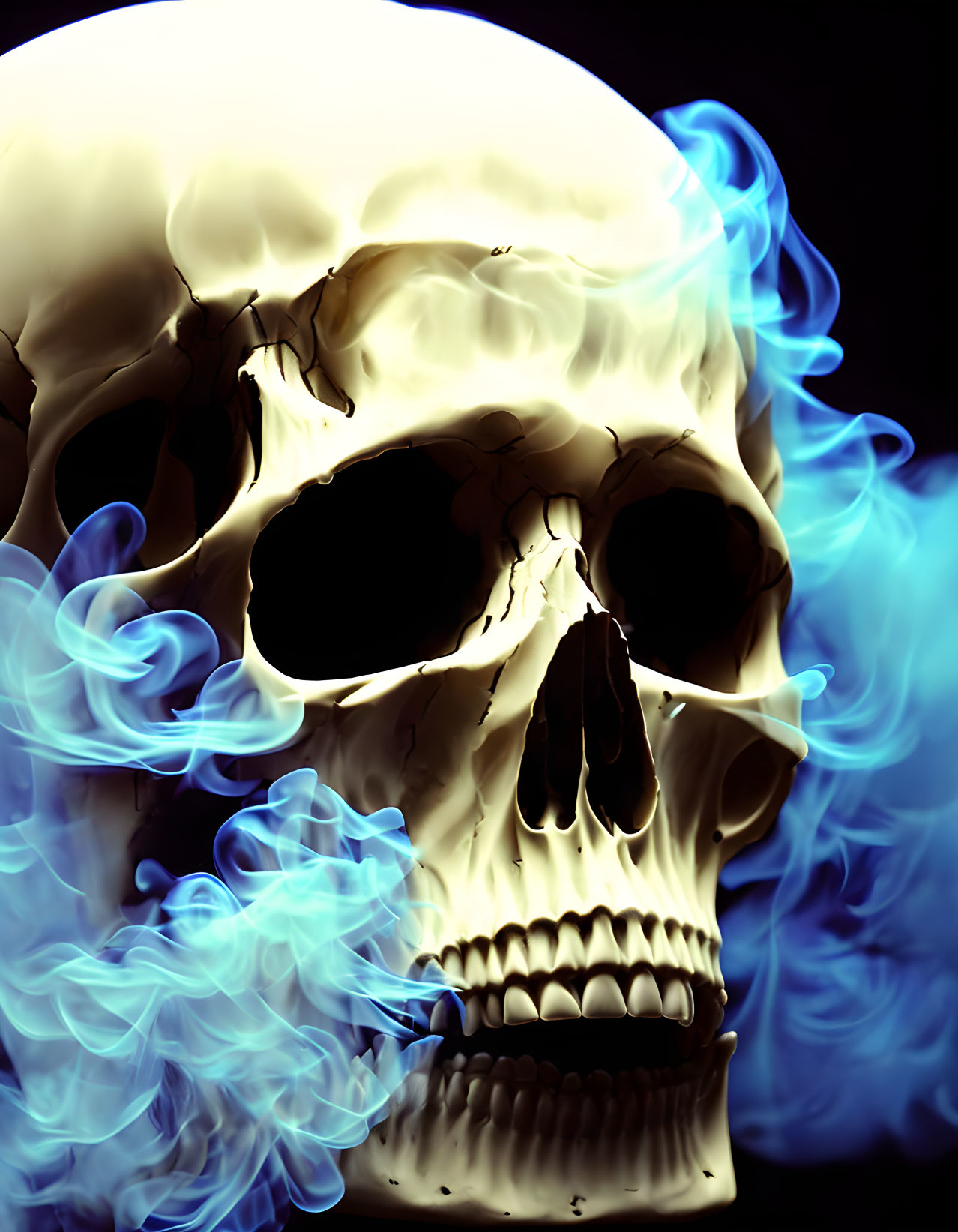 Ethereal blue smoke envelops human skull on dark background