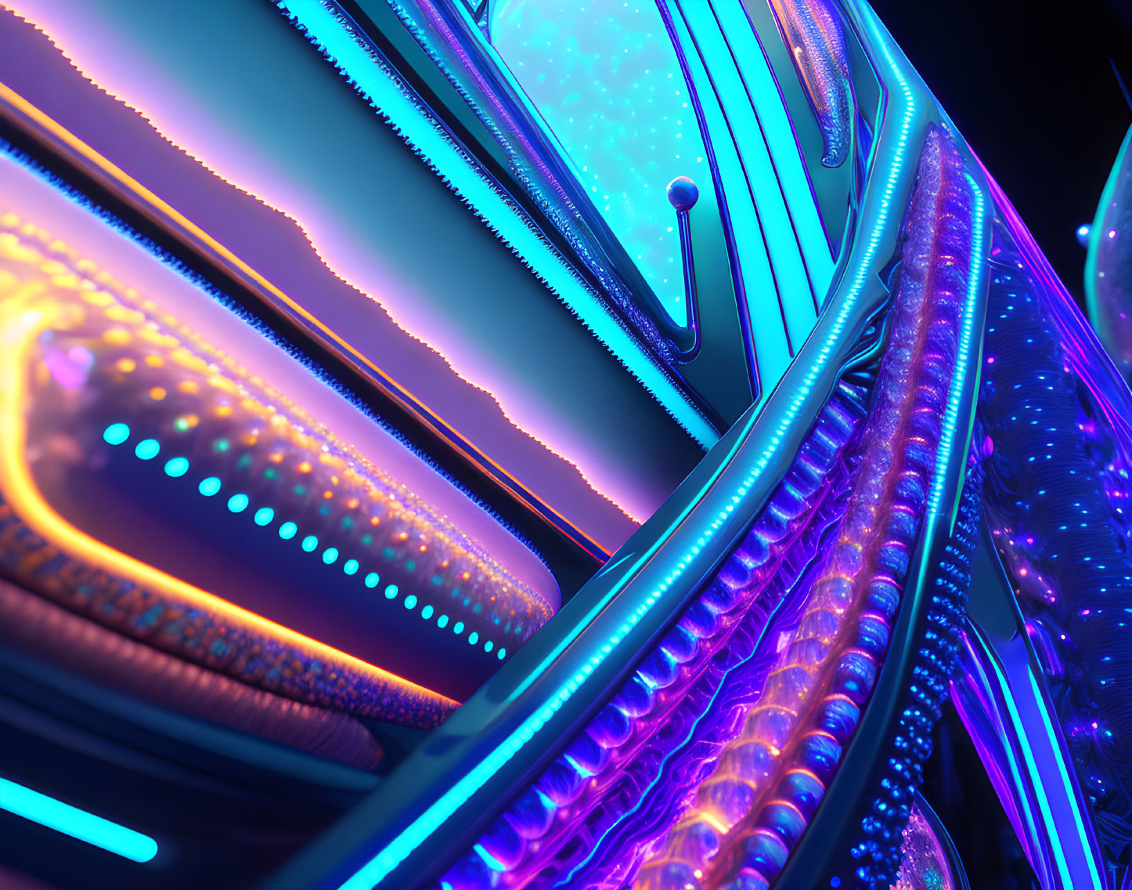 Abstract metallic structures in neon-lit corridor with purple and blue hues