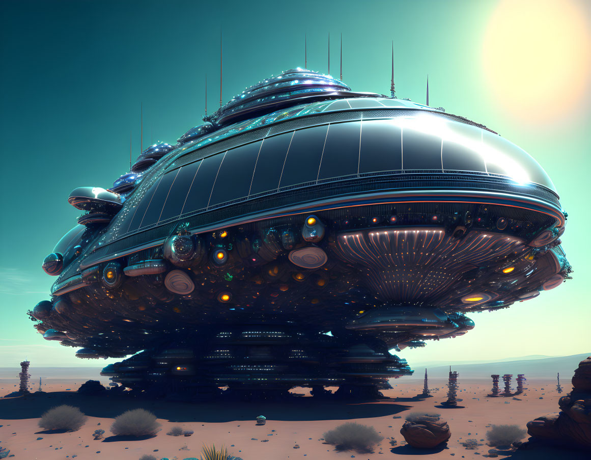 Futuristic spaceship lands on desert terrain with rock formations