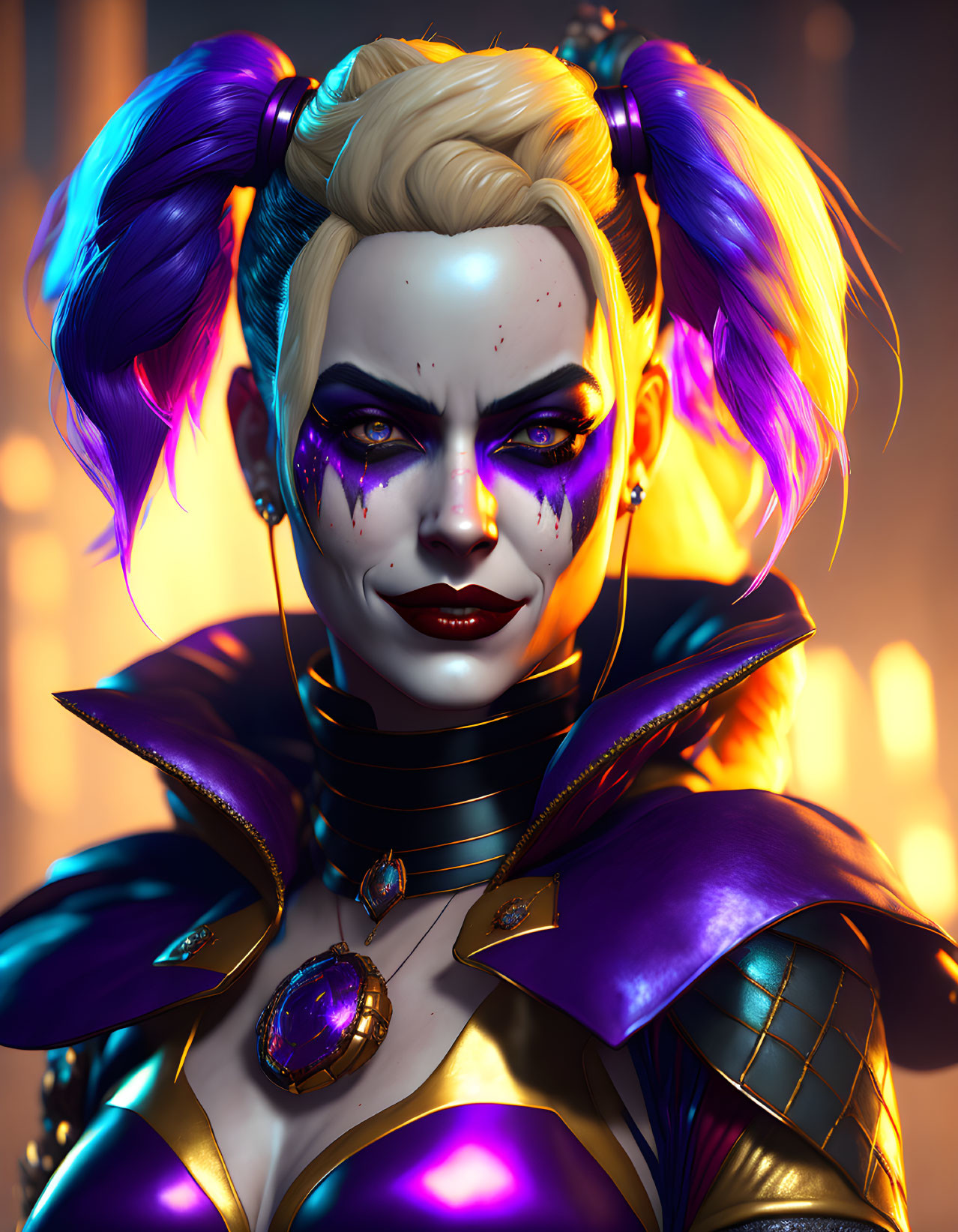 Stylized 3D portrait of woman with purple pigtails and futuristic costume