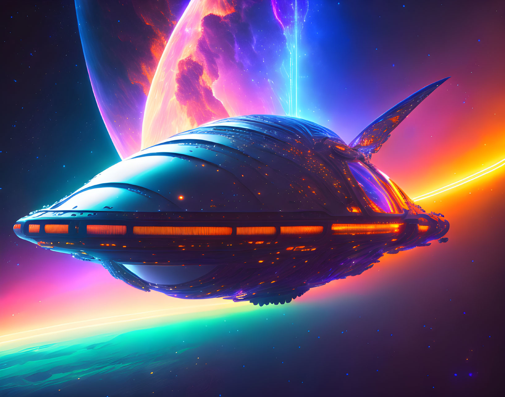 Futuristic Spaceship Flying in Colorful Nebula