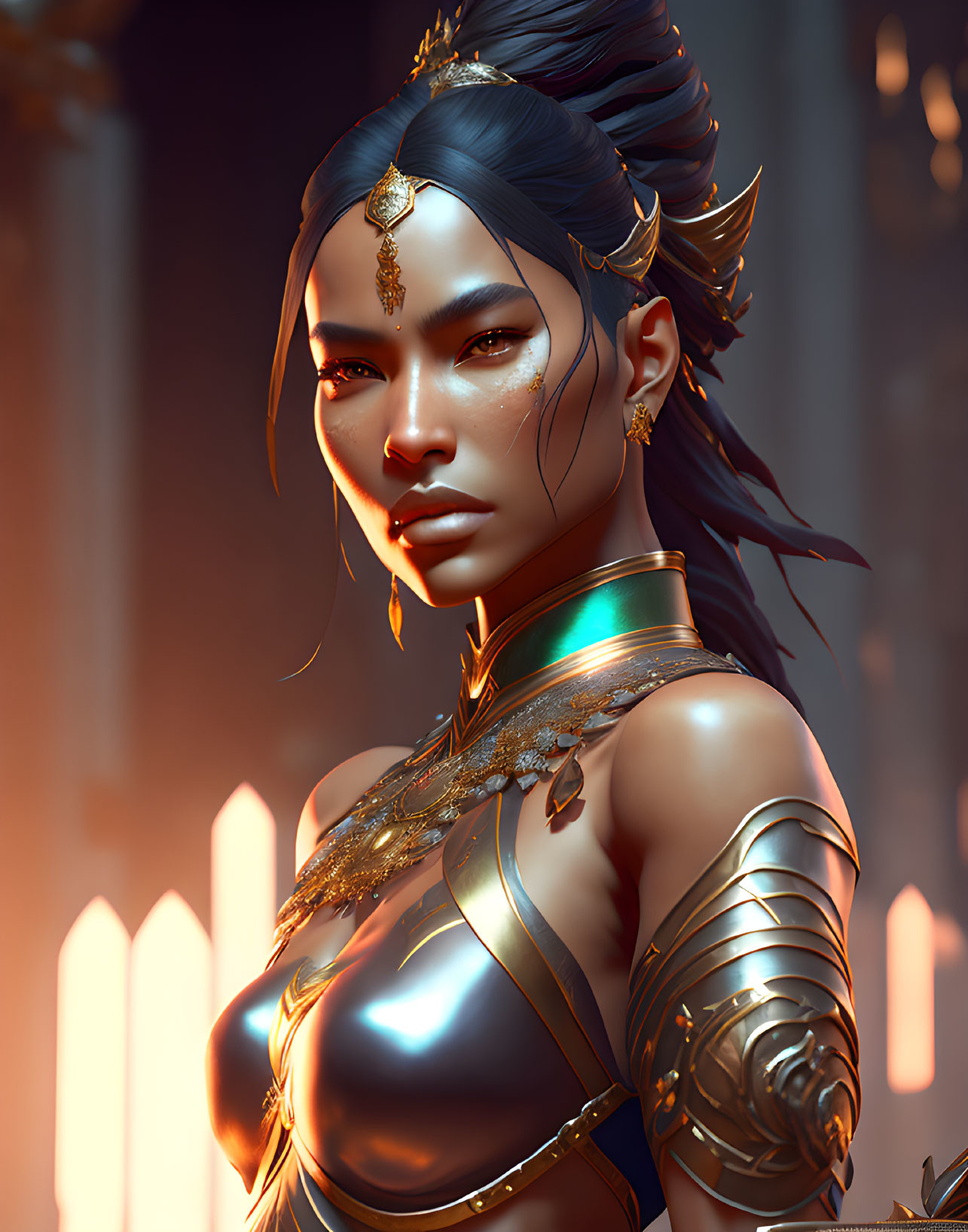 Detailed Warrior Woman Digital Artwork with Armor, Jewelry, and Stern Gaze