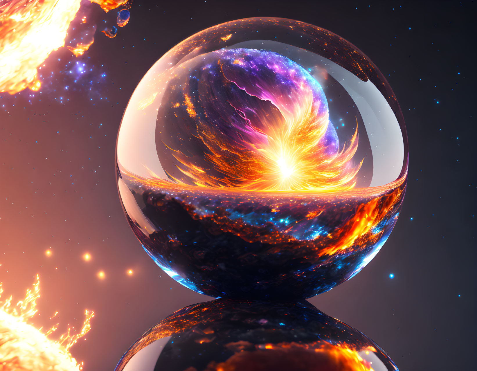 Glass sphere reflecting fiery galaxy and flames in cosmic scene