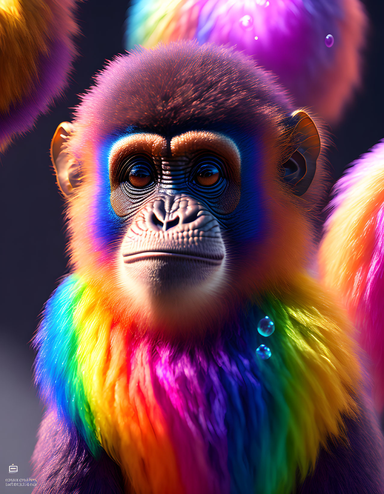 Colorful Rainbow-Hued Primate with Glossy Bubbles on Subdued Background