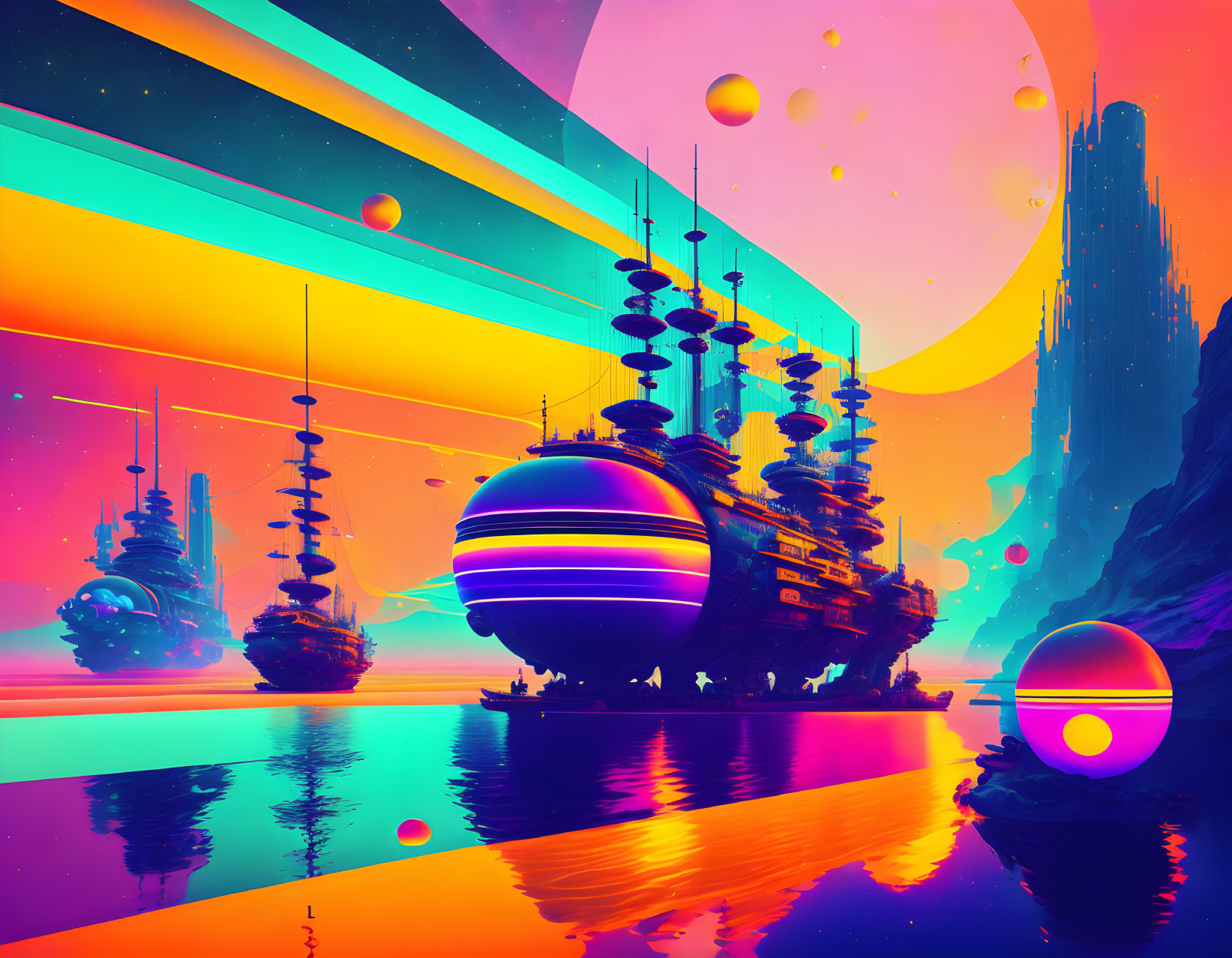 Colorful Sci-Fi Landscape with Floating Ships and Celestial Bodies