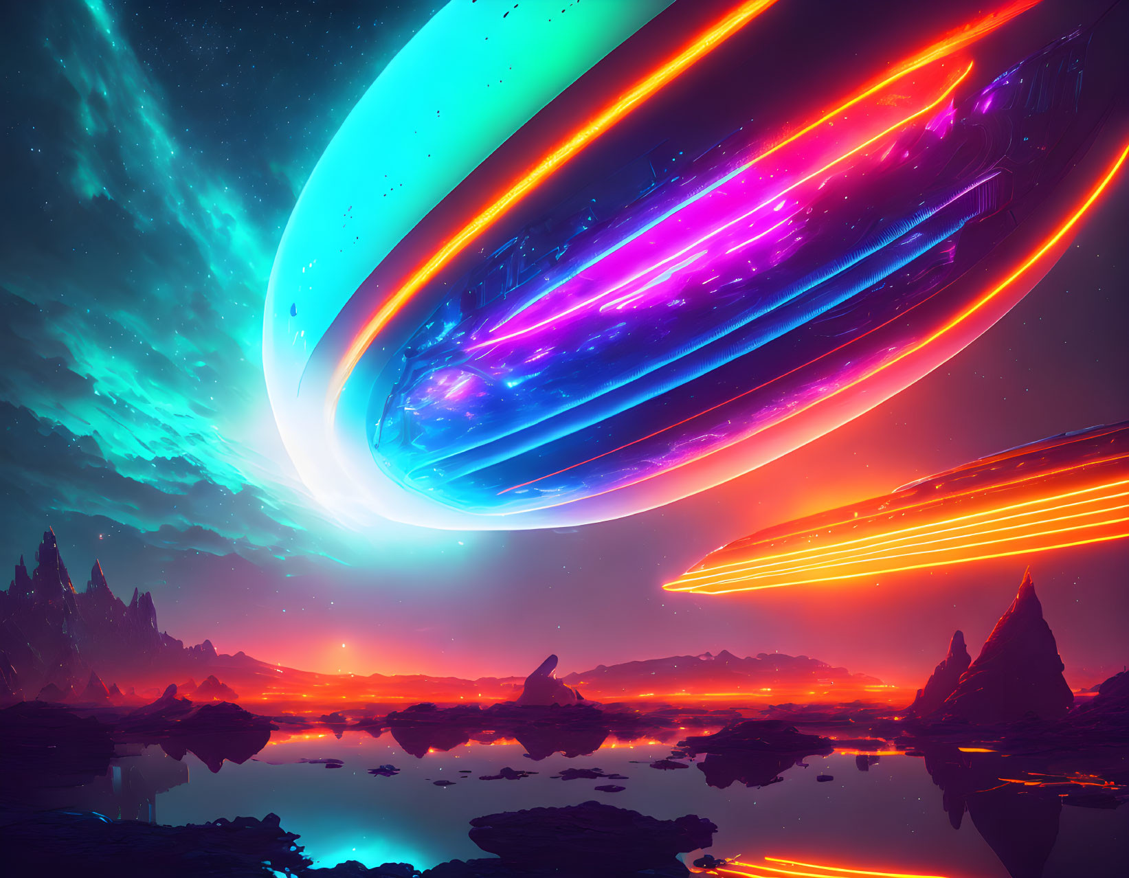 Colorful Ringed Planets Over Crimson Alien Terrain in Sci-Fi Landscape