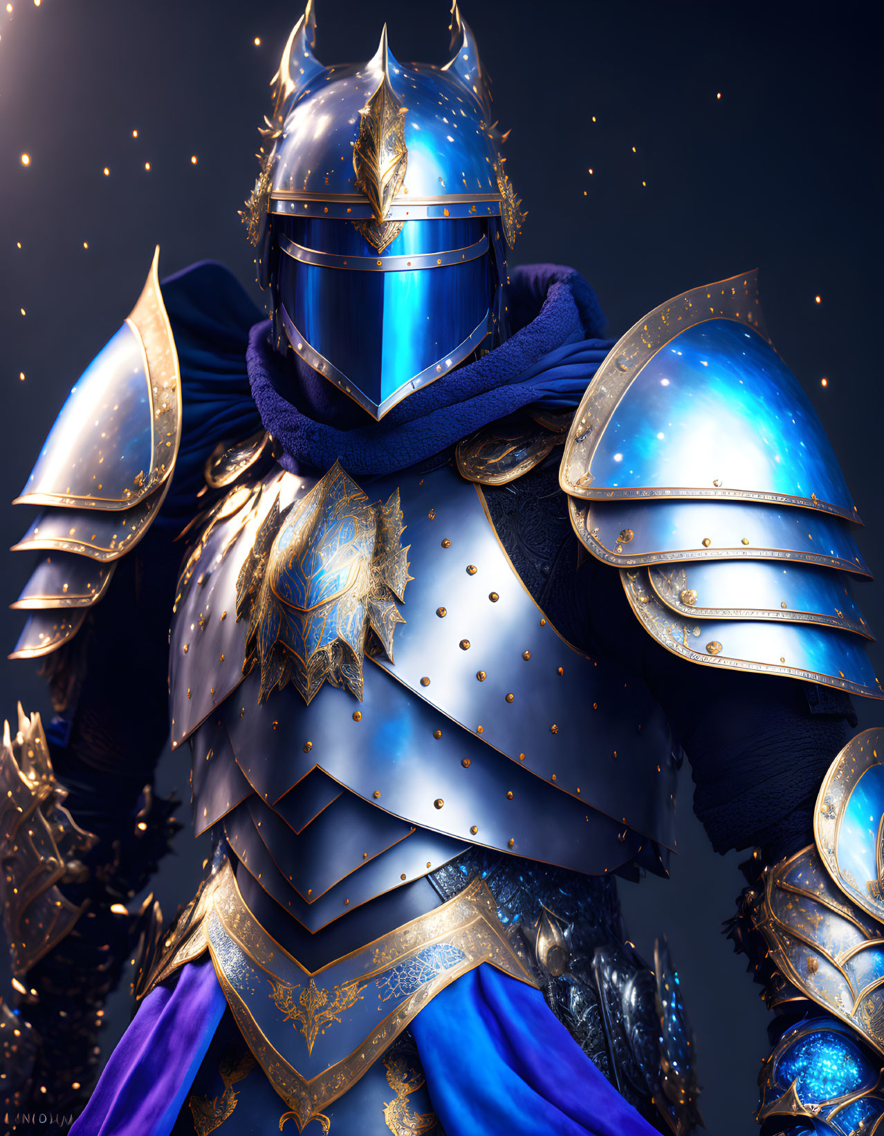 Medieval knight in blue armor with gold details and plumed helmet