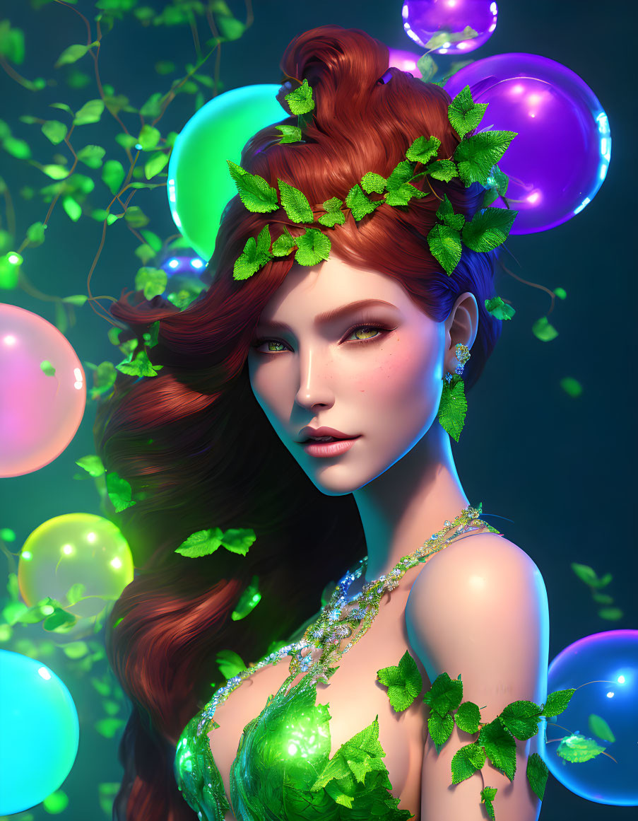 Red-Haired Female Figure with Ivy and Glowing Orbs on Blue Background