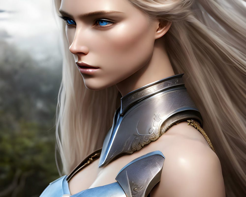 Digital Art: Woman with Blue Eyes in Silver Armor & White Hair