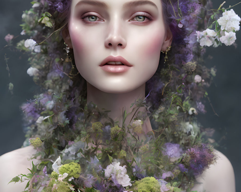 Woman portrait with flowers in hair and around neck, pastel blooms, serene expression, grey backdrop