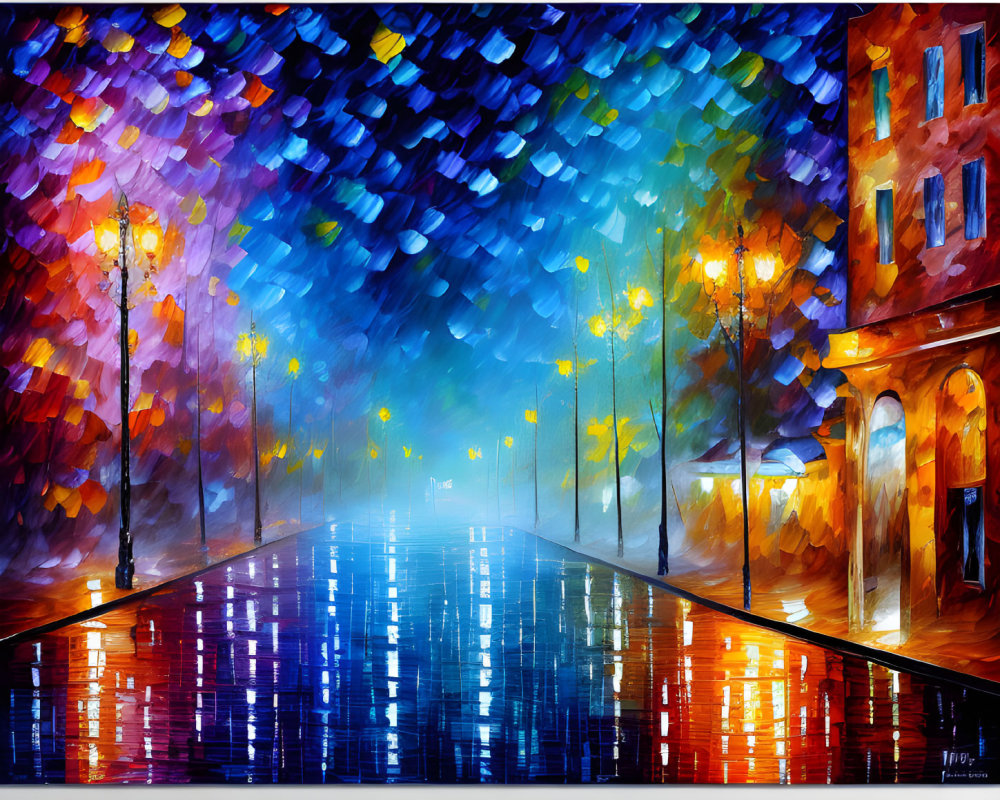 Impressionist painting of rain-soaked street with glowing streetlamps