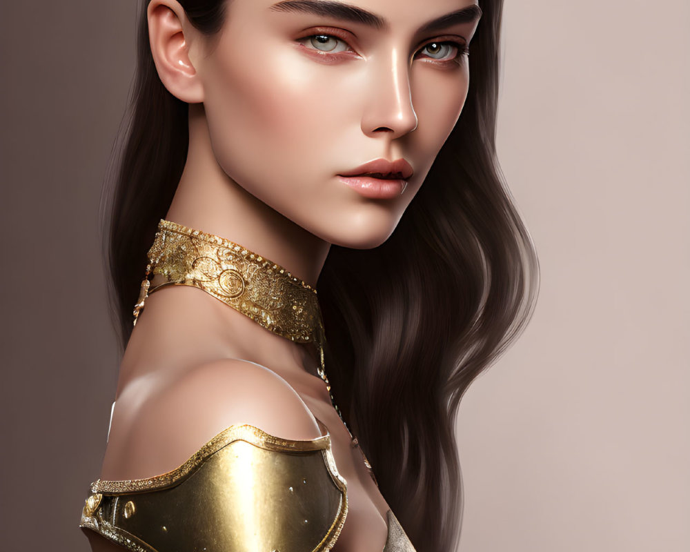 Digital illustration of woman with brown hair and gold armor on shoulder